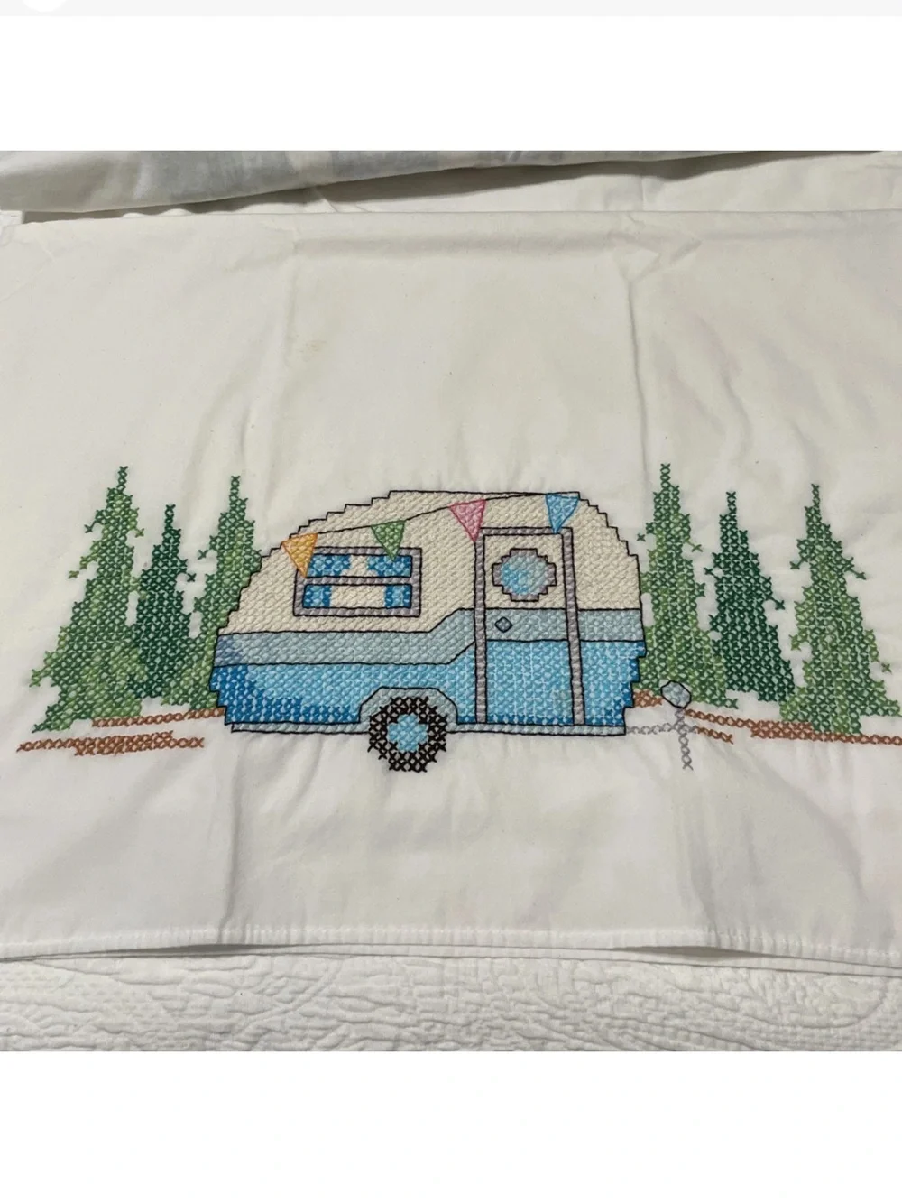 Pair Of Pillowcases Handmade Cross Stitch Embroidery Campers & Trees Standard Sz